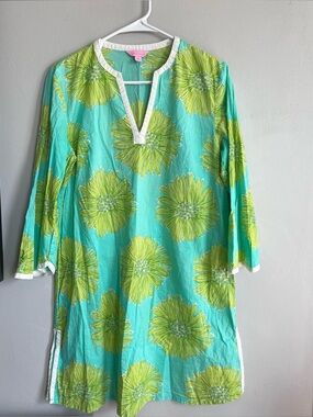 Lilly Pulitzer Caftan Tunic Coverup Blue Green Floral Print Cotton M